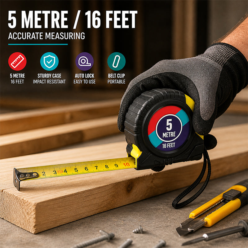 Steel Tape Measure 5m 16.5ft Heavy Duty Measuring Tape Rubber Grip Durable Case for DIY Pro Use