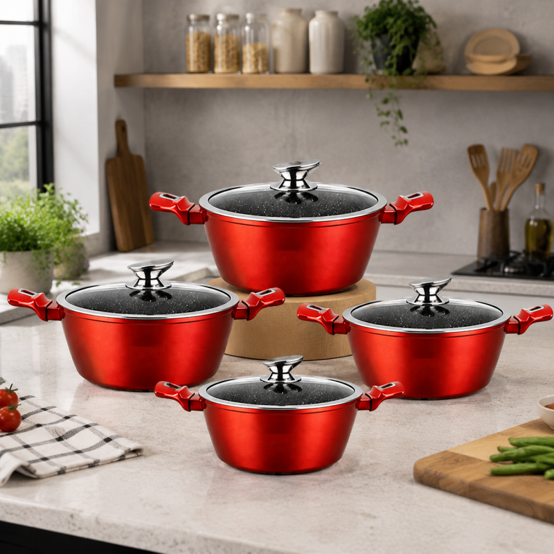 4PCS Casserole Set with Lids Handles 18 20 24 28cm Cookware Set for Ceramic Hob, Gas, Oven