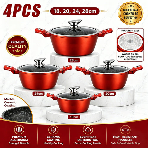 4PCS Casserole Set with Lids Handles 18 20 24 28cm Cookware Set for Ceramic Hob, Gas, Oven