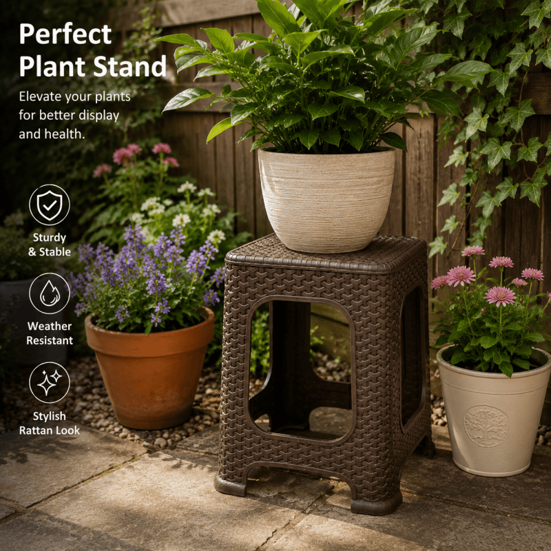 2Pack Brown Plastic Rattan Stool Large Modern Minimalist Backless Stools Garden Seat  28 x 28 x 46cm