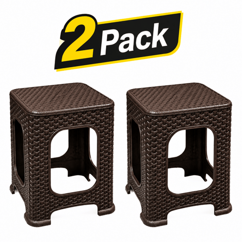 2Pack Brown Plastic Rattan Stool Large Modern Minimalist Backless Stools Garden Seat  28 x 28 x 46cm