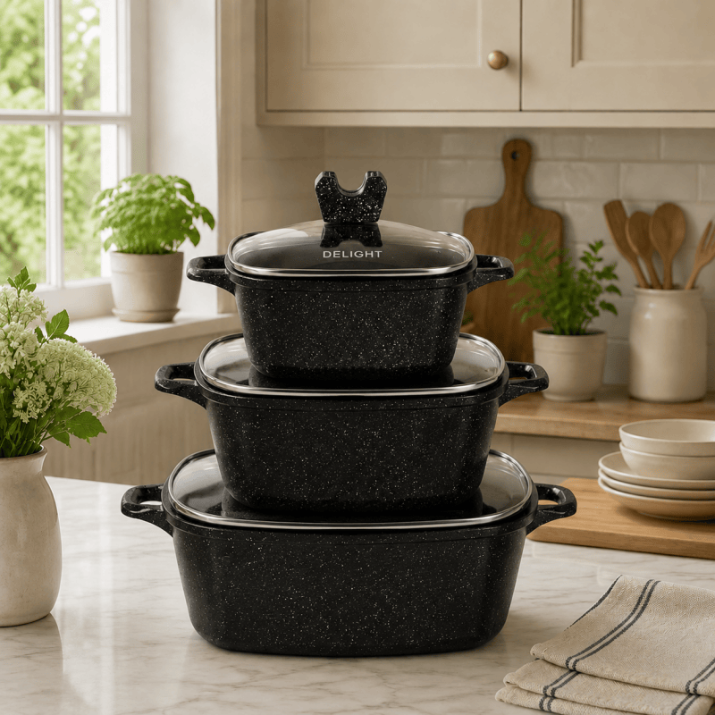 3PCS Die Cast Casserole Pot Non Stick Cooking Casserole Pot Glass Lids 20cm 24cm 28cm Black