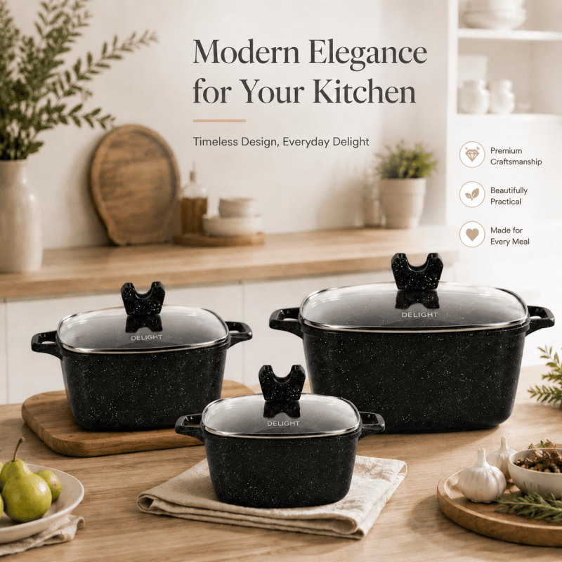3PCS Die Cast Casserole Pot Non Stick Cooking Casserole Pot Glass Lids 20cm 24cm 28cm Black