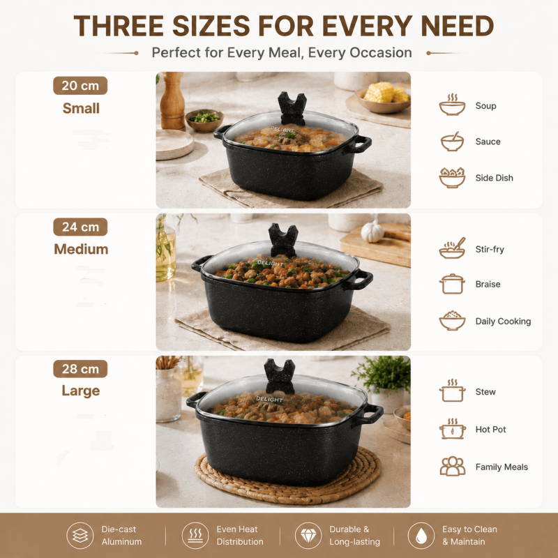 3PCS Die Cast Casserole Pot Non Stick Cooking Casserole Pot Glass Lids 20cm 24cm 28cm Black