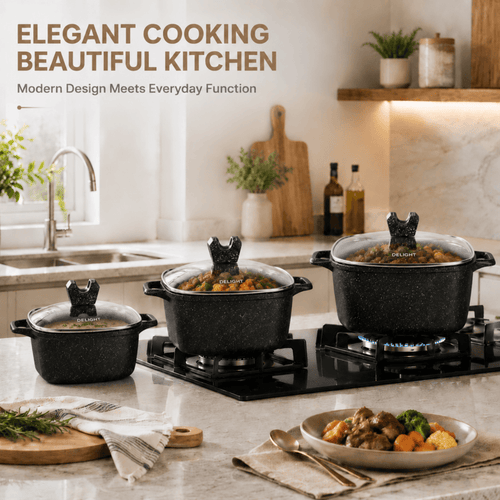 3PCS Die Cast Casserole Pot Non Stick Cooking Casserole Pot Glass Lids 20cm 24cm 28cm Black