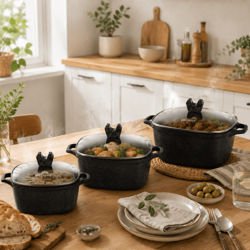 3PCS Die Cast Casserole Pot Non Stick Cooking Casserole Pot Glass Lids 20cm 24cm 28cm Black