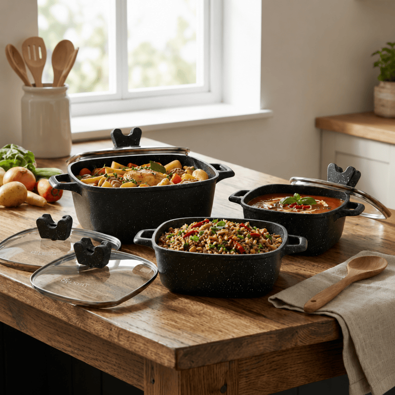 3PCS Die Cast Casserole Pot Non Stick Cooking Casserole Pot Glass Lids 20cm 24cm 28cm Black