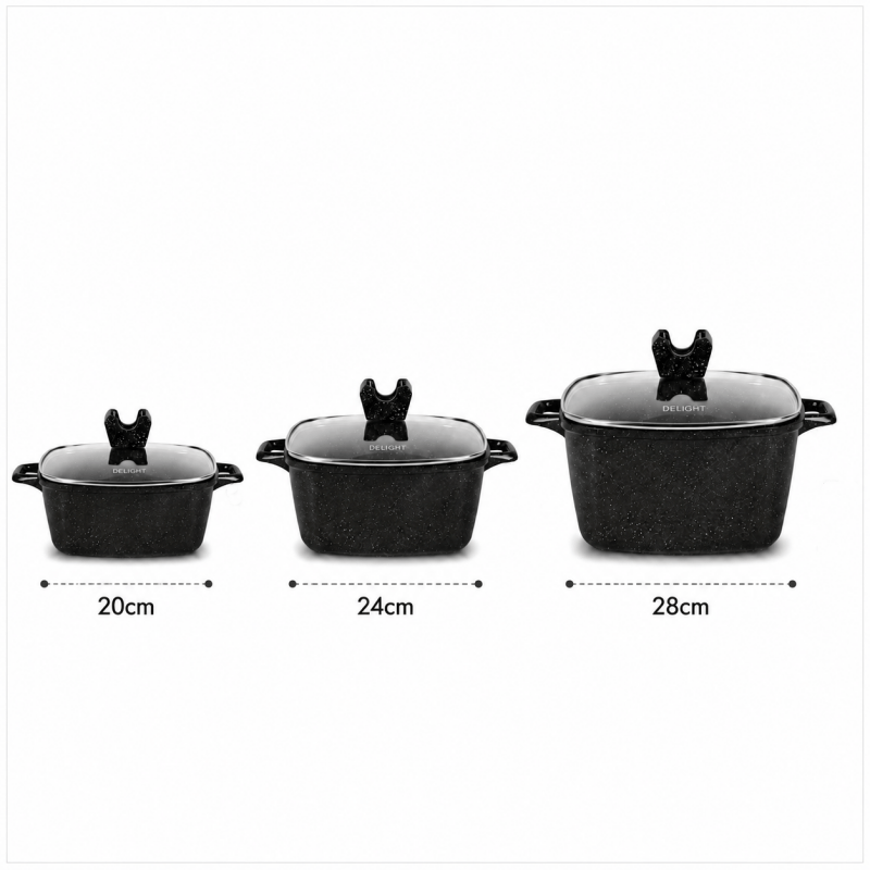 3PCS Die Cast Casserole Pot Non Stick Cooking Casserole Pot Glass Lids 20cm 24cm 28cm Black