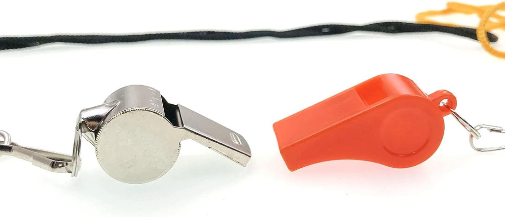 7 Colour Plastic Whistles with Lanyards + 1 Stainless Steel Whistle Set