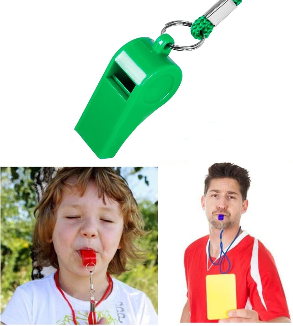 7 Colour Plastic Whistles with Lanyards + 1 Stainless Steel Whistle Set