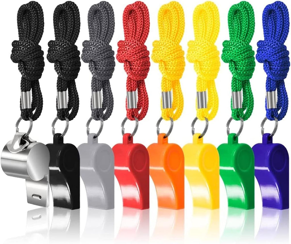 7 Colour Plastic Whistles with Lanyards + 1 Stainless Steel Whistle Set