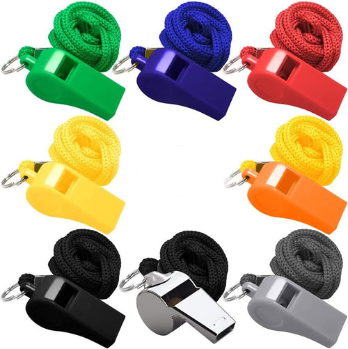 7 Colour Plastic Whistles with Lanyards + 1 Stainless Steel Whistle Set