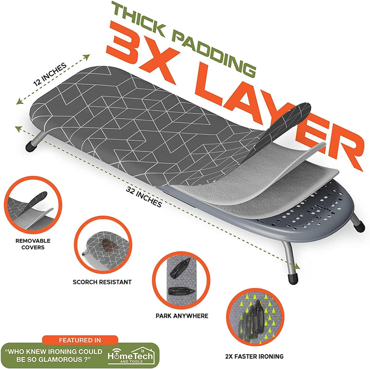 Table Top Ironing Board with Wall Mount & Iron Storage (32x12 in)