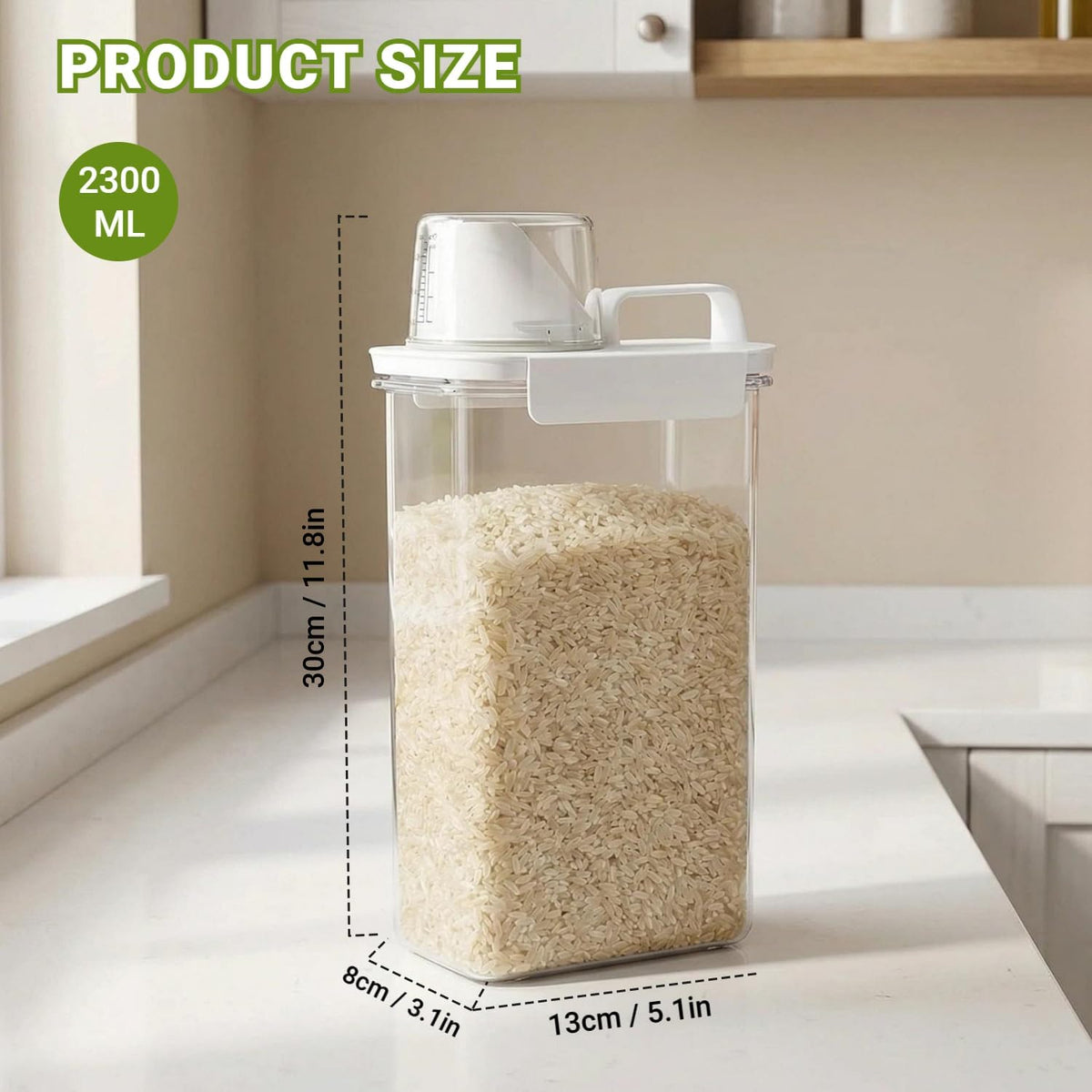 Airtight 2300ml Rice Storage Container with Measuring Cup