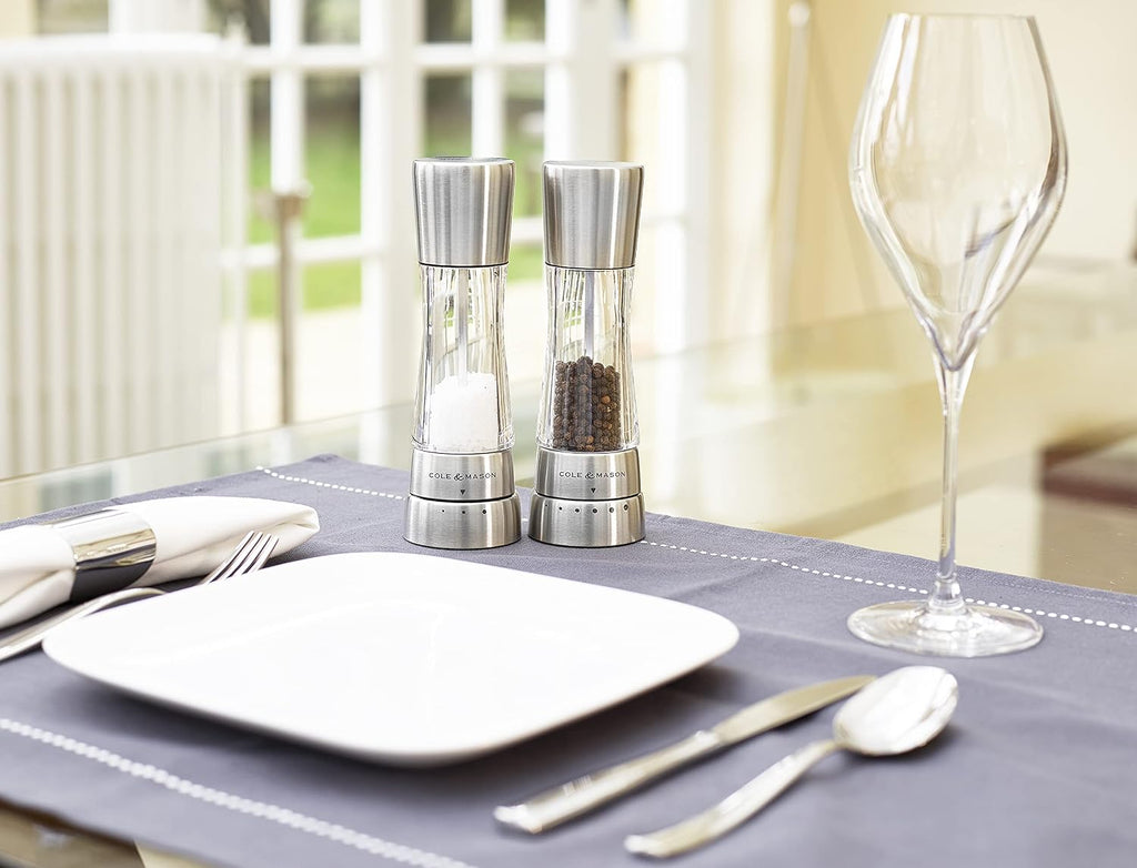 Derwent Salt & Pepper Mills with Tray — Acrylic & Stainless Steel