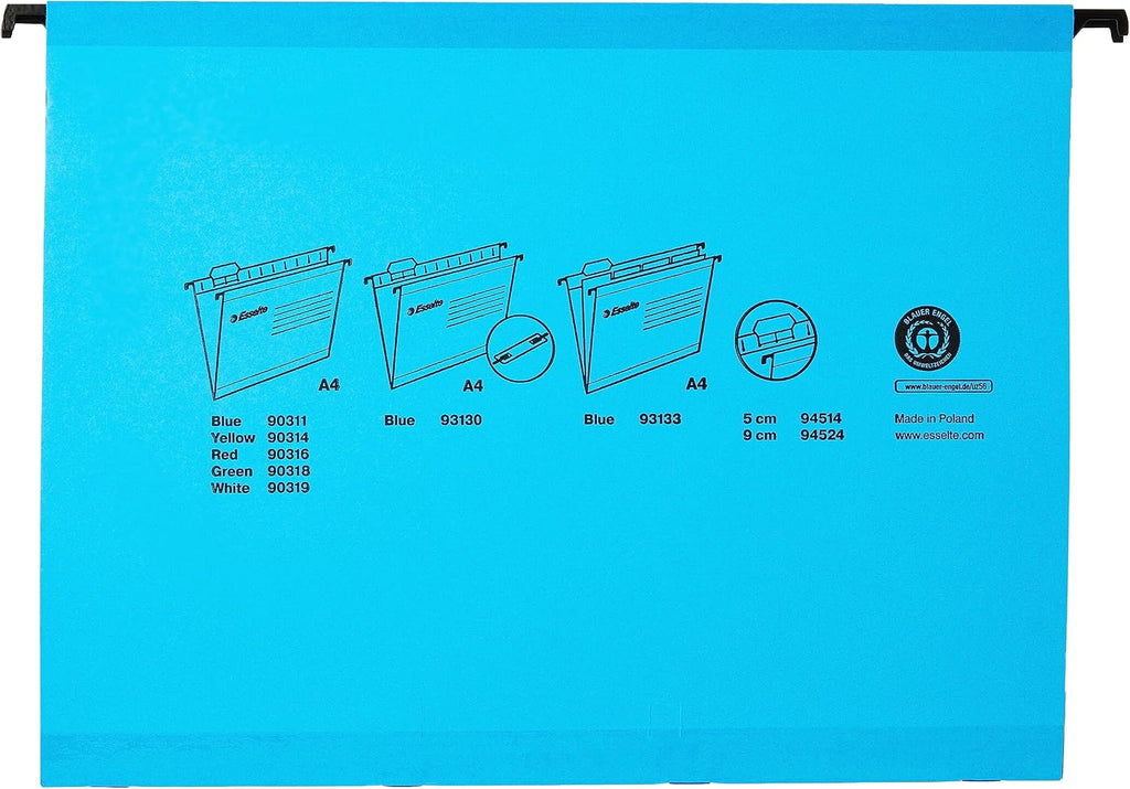 Pack of 10 Reinforced A4 Suspension Files with Binder Strip – Blue