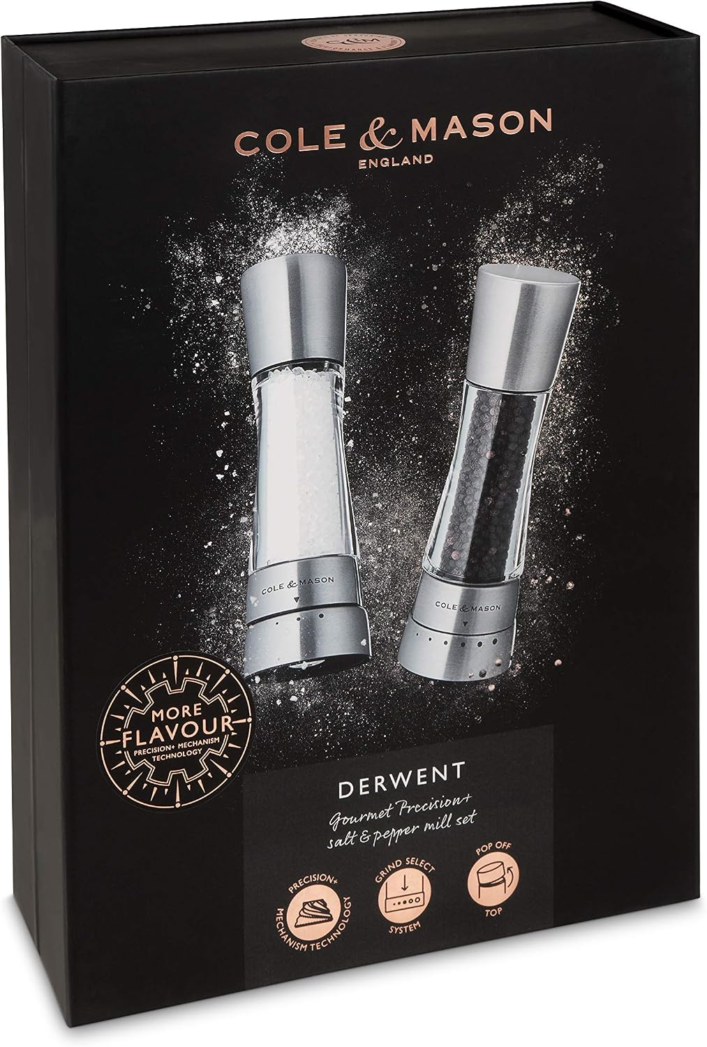 Derwent Salt & Pepper Mills with Tray — Acrylic & Stainless Steel