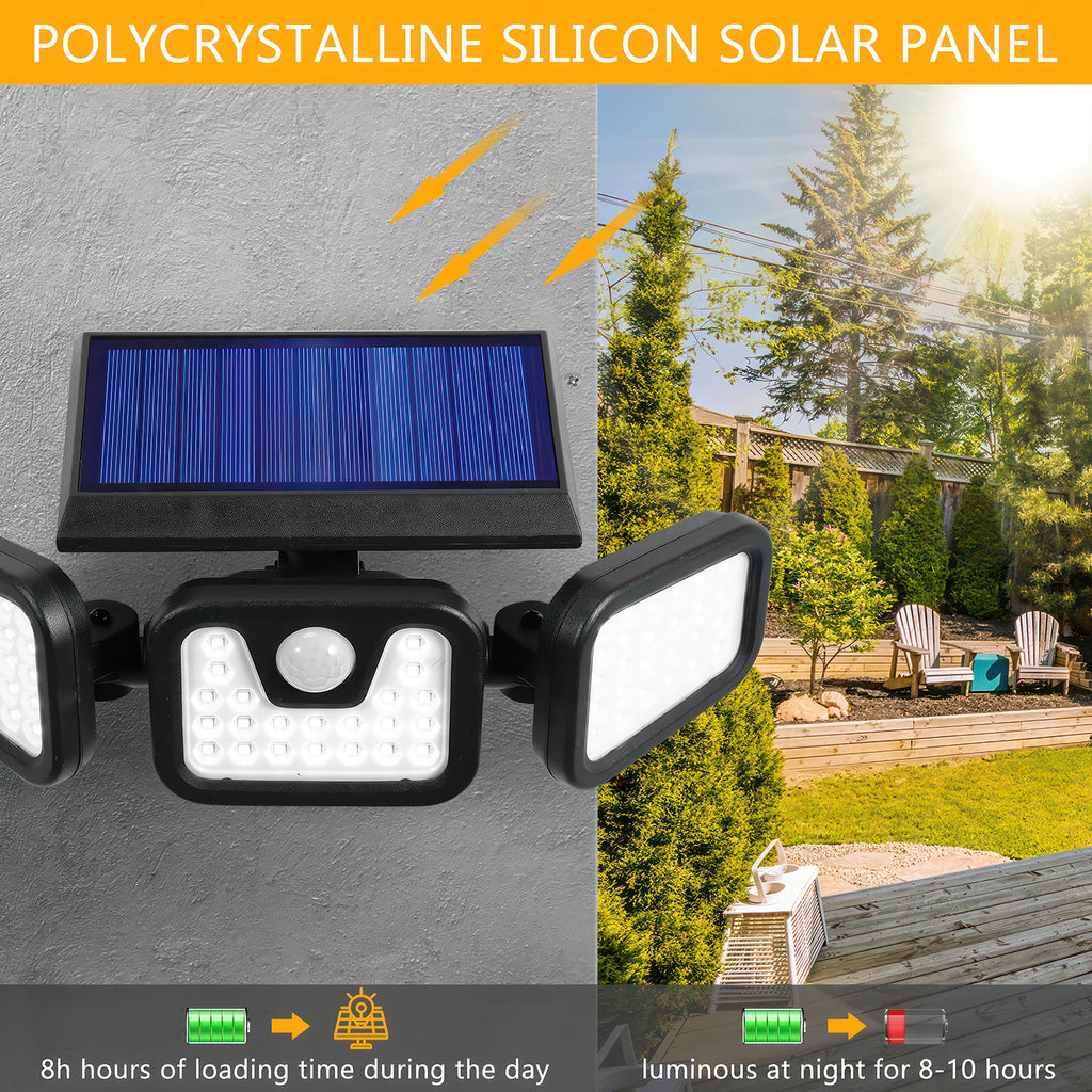 74 SMD Solar Flood Light Outdoor 3 Heads PIR Motion Sensor 3 Modes 2000LM Security Wall Lamp for Garden Garage Yard Porch