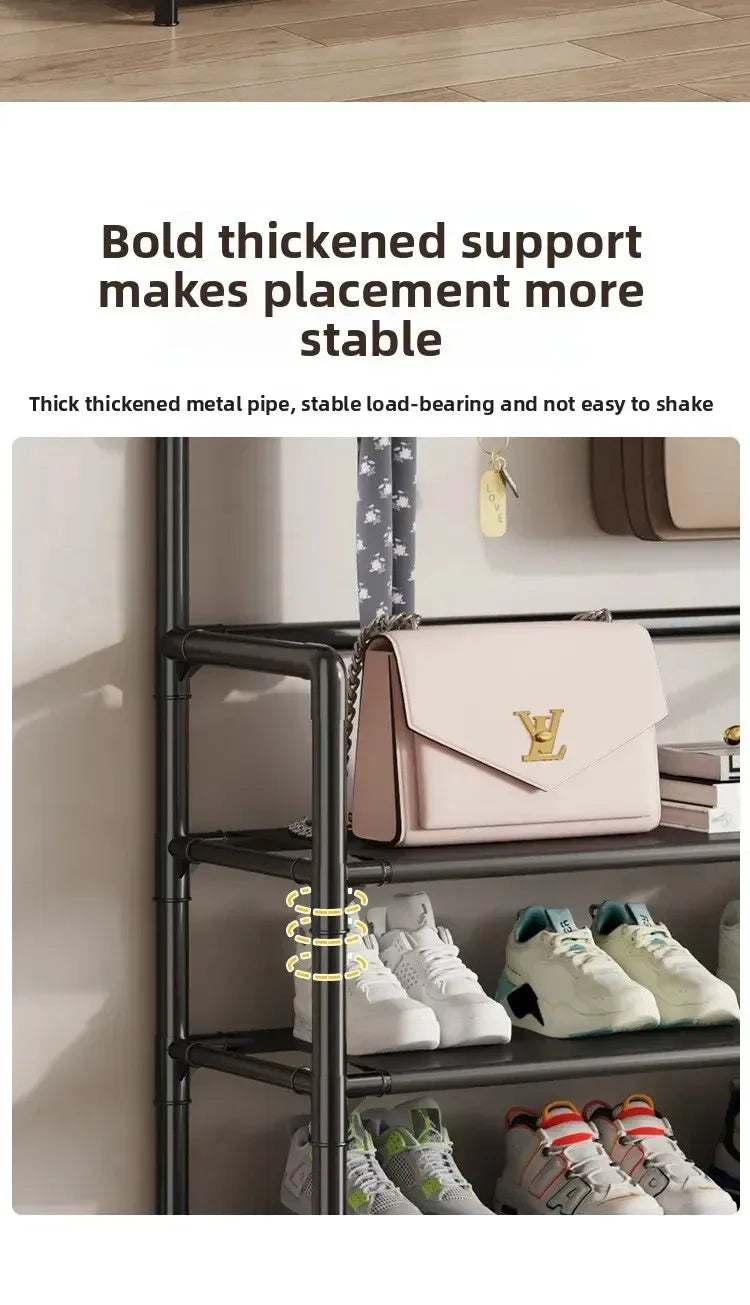 Multi-layer 4-Tier Coat Shoe Hat Rack with Storage Shelf & 8 Hooks Black Stand