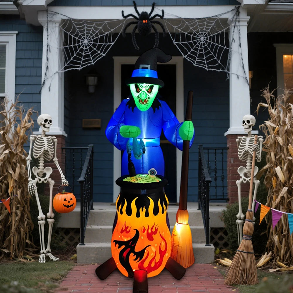 7FT Halloween Inflatable Witch Decoration Outdoor Model Inflatable Glowing Horror Witch Stirring Potion Decoration