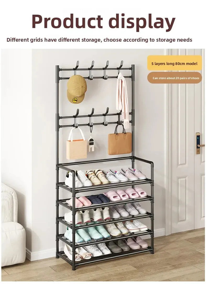 Multi-layer 4-Tier Coat Shoe Hat Rack with Storage Shelf & 8 Hooks Black Stand