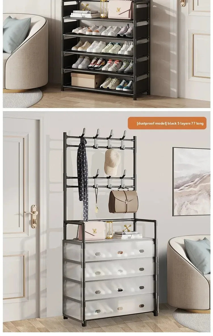 Multi-layer 4-Tier Coat Shoe Hat Rack with Storage Shelf & 8 Hooks Black Stand