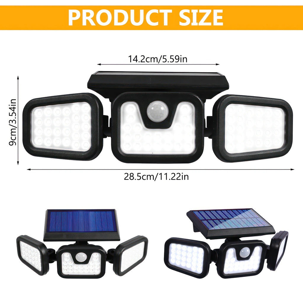74 SMD Solar Flood Light Outdoor 3 Heads PIR Motion Sensor 3 Modes 2000LM Security Wall Lamp for Garden Garage Yard Porch