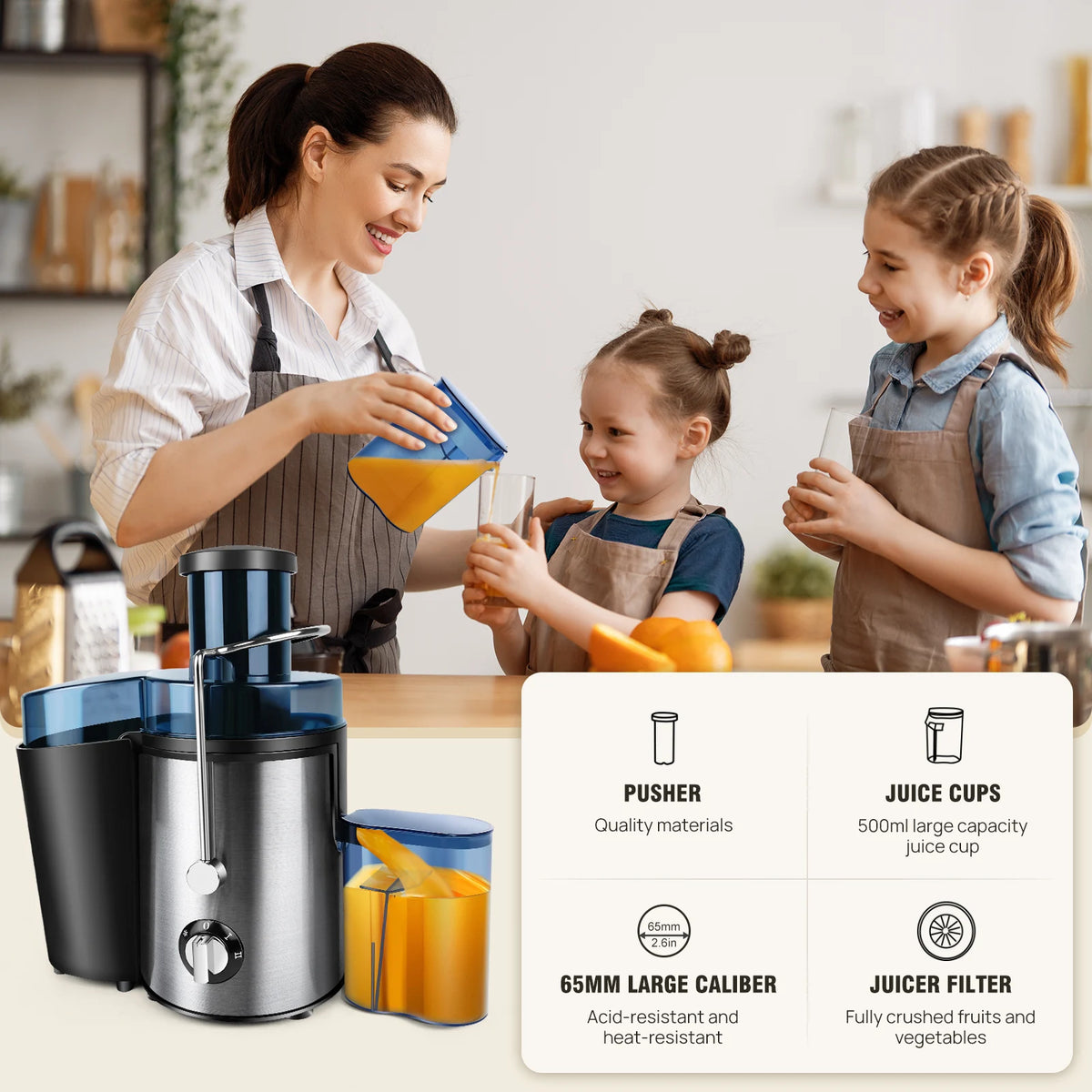 Juicer Machine, Feed Chute for Fruits, Vegetables & Citrus, 2-Speed Centrifugal Juice Extractor, 500ML Capacity