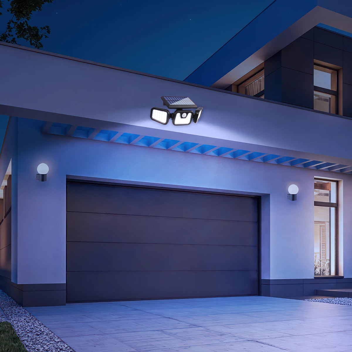 74 SMD Solar Flood Light Outdoor 3 Heads PIR Motion Sensor 3 Modes 2000LM Security Wall Lamp for Garden Garage Yard Porch