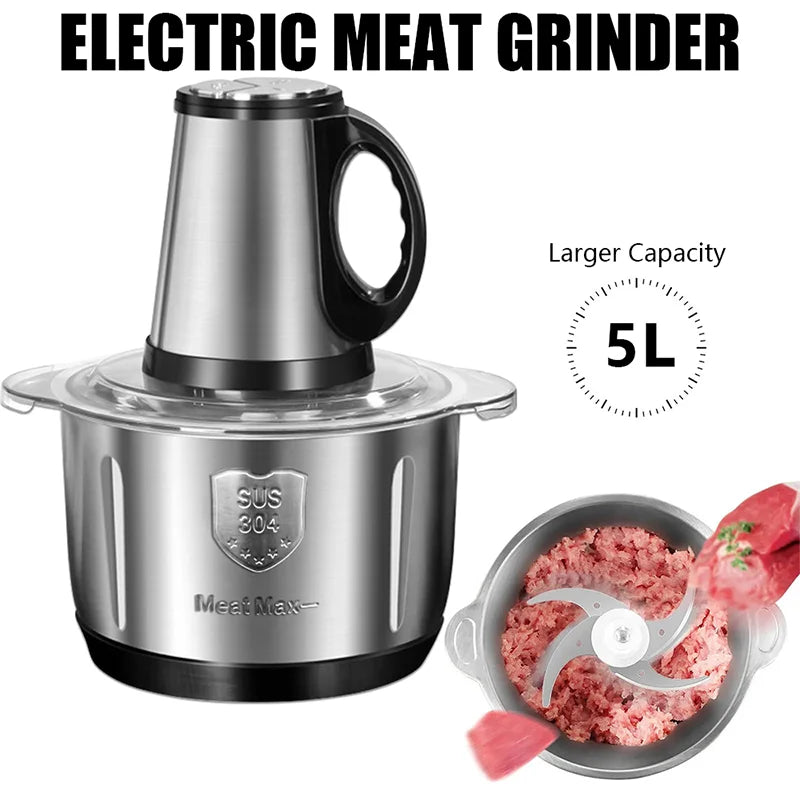 5L Electric Meat Grinders 5-leaves Food Crusher Stainless Steel Multifunctional Food Processor Vegetable Slicer Chopper Mincer