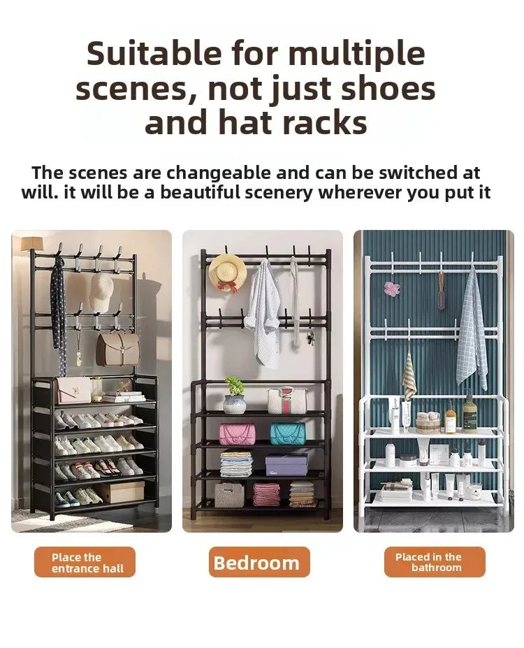 Multi-layer 4-Tier Coat Shoe Hat Rack with Storage Shelf & 8 Hooks Black Stand