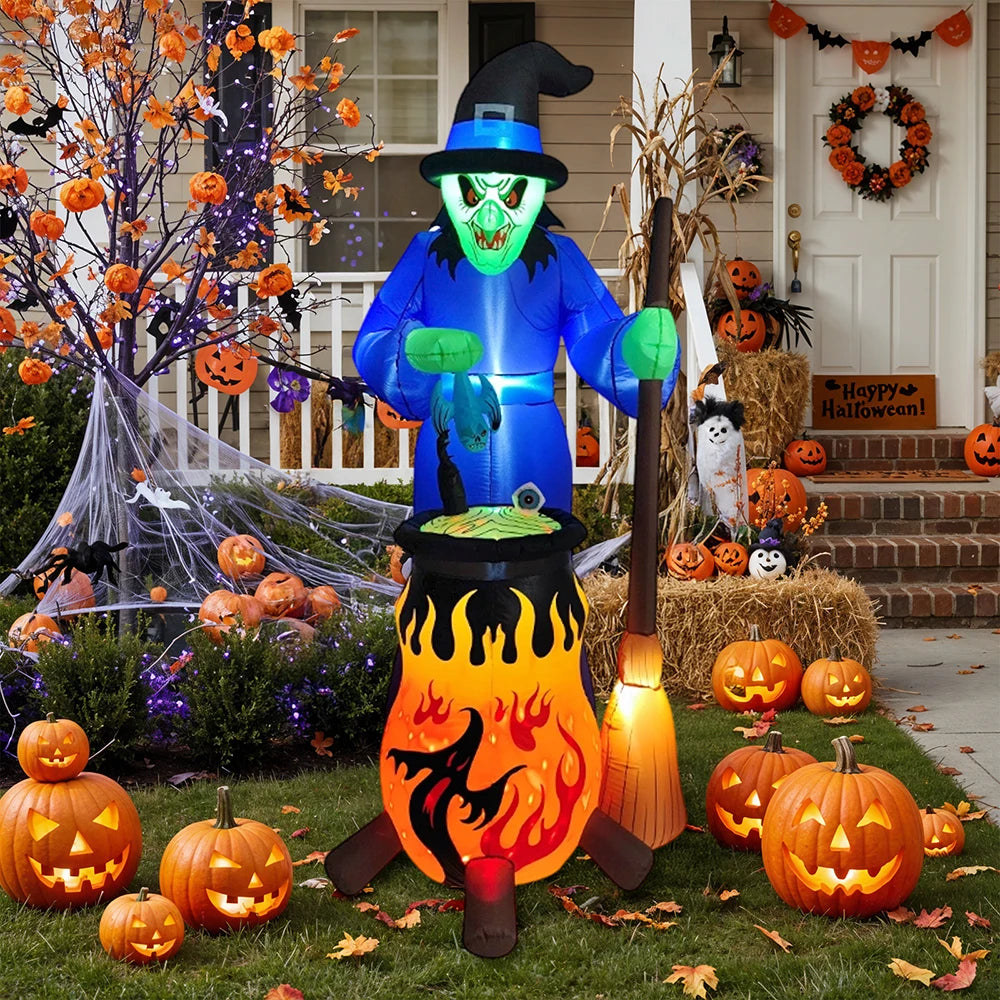 7FT Halloween Inflatable Witch Decoration Outdoor Model Inflatable Glowing Horror Witch Stirring Potion Decoration