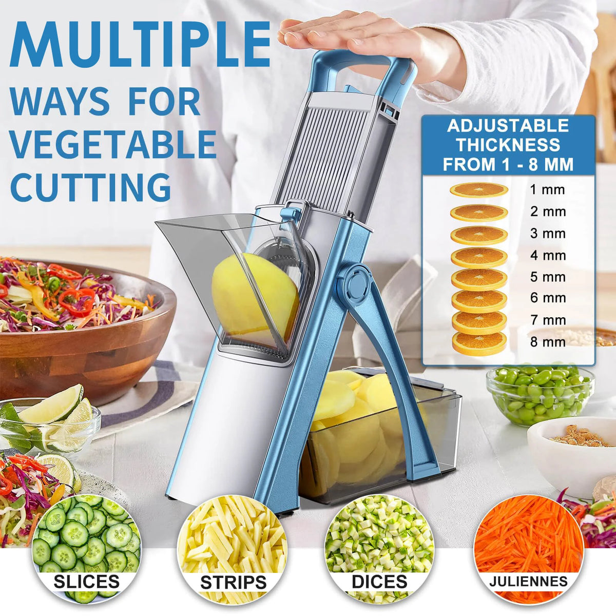 Safe Vegetable Slicer Adjustable Vegetable Chopper with 4 Modes Dicer, Julienne Kitchen Chopping Artifact (SkyBlue)