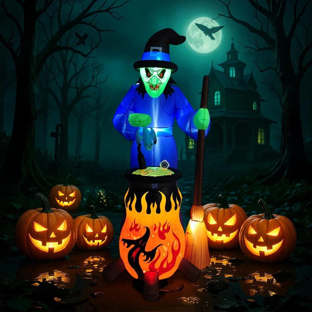 7FT Halloween Inflatable Witch Decoration Outdoor Model Inflatable Glowing Horror Witch Stirring Potion Decoration