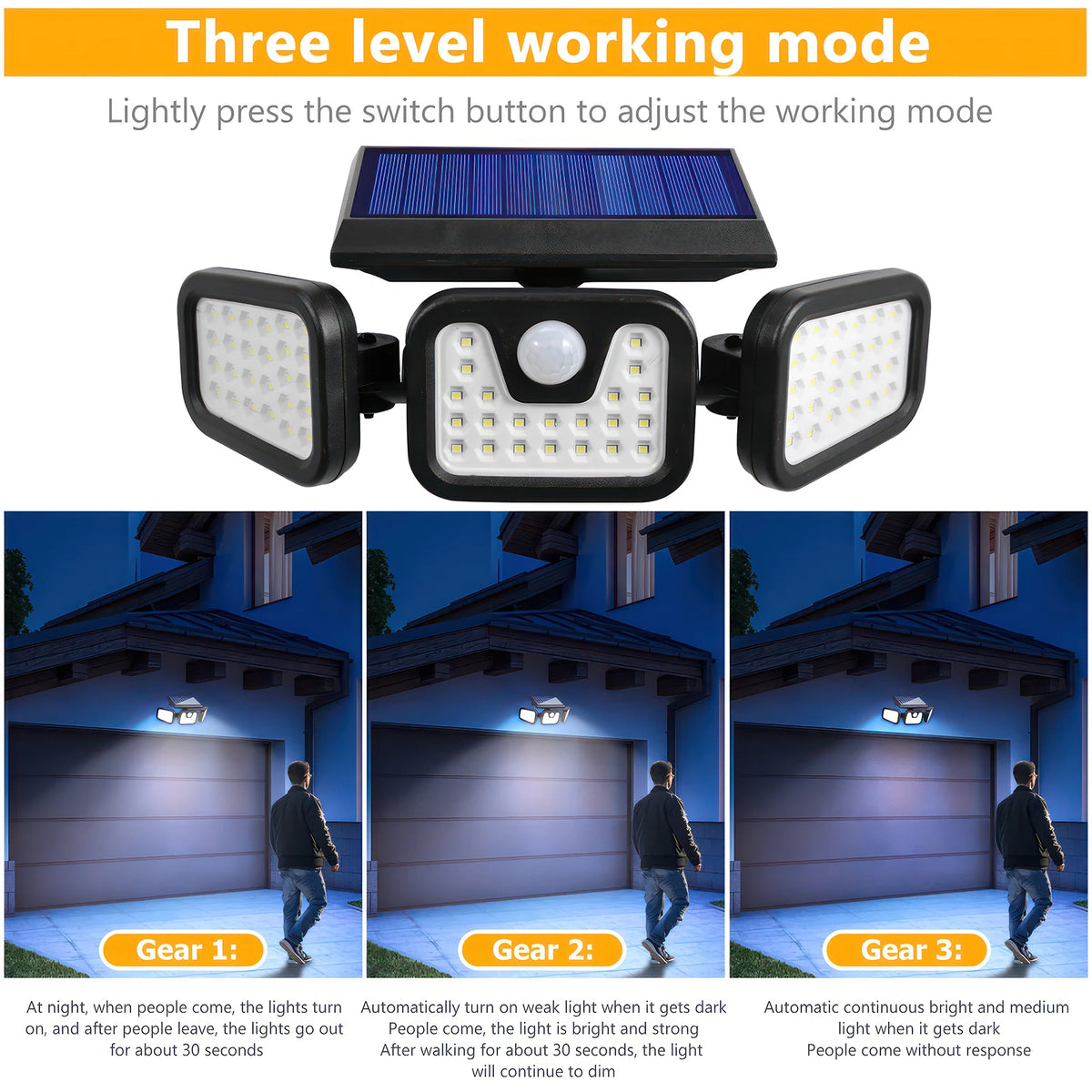 74 SMD Solar Flood Light Outdoor 3 Heads PIR Motion Sensor 3 Modes 2000LM Security Wall Lamp for Garden Garage Yard Porch