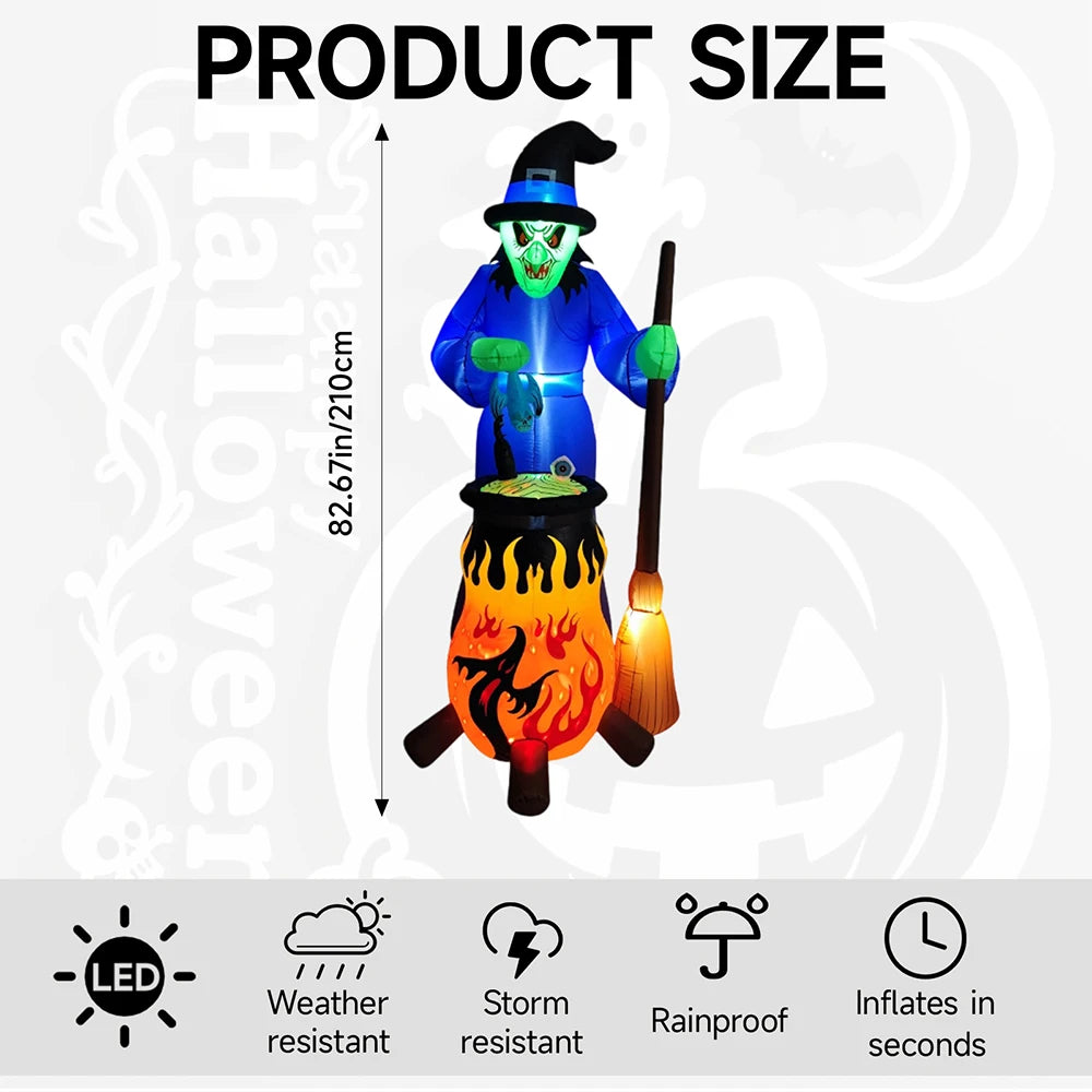7FT Halloween Inflatable Witch Decoration Outdoor Model Inflatable Glowing Horror Witch Stirring Potion Decoration