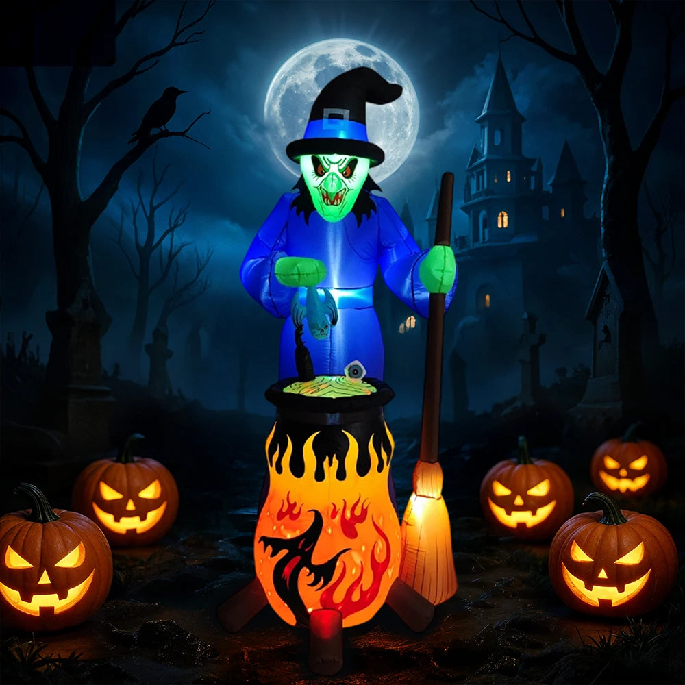7FT Halloween Inflatable Witch Decoration Outdoor Model Inflatable Glowing Horror Witch Stirring Potion Decoration