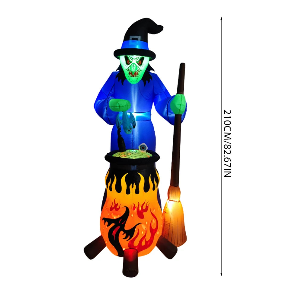 7FT Halloween Inflatable Witch Decoration Outdoor Model Inflatable Glowing Horror Witch Stirring Potion Decoration