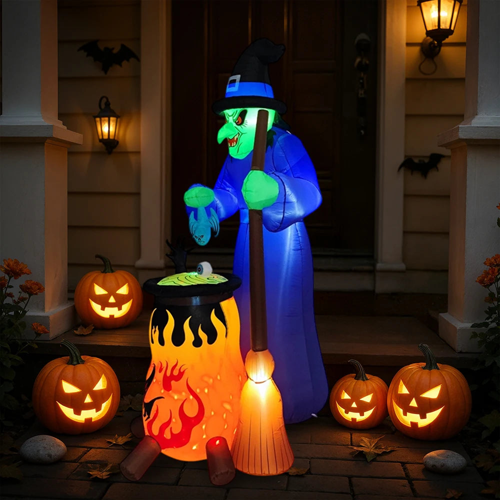 7FT Halloween Inflatable Witch Decoration Outdoor Model Inflatable Glowing Horror Witch Stirring Potion Decoration