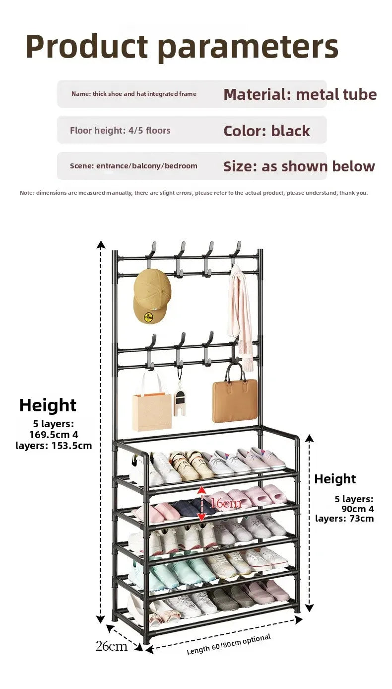 Multi-layer 4-Tier Coat Shoe Hat Rack with Storage Shelf & 8 Hooks Black Stand