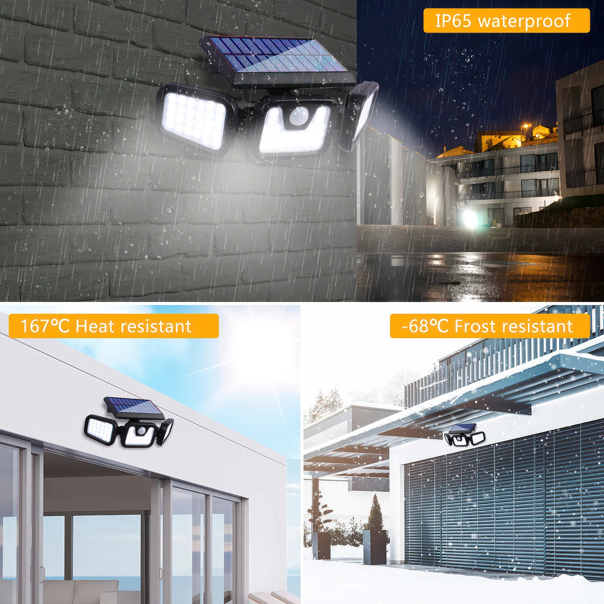 74 SMD Solar Flood Light Outdoor 3 Heads PIR Motion Sensor 3 Modes 2000LM Security Wall Lamp for Garden Garage Yard Porch