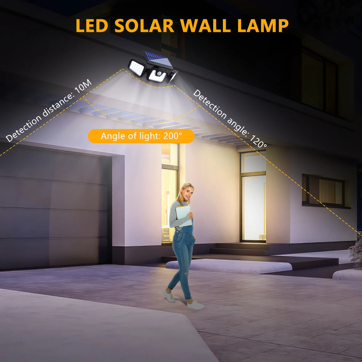 74 SMD Solar Flood Light Outdoor 3 Heads PIR Motion Sensor 3 Modes 2000LM Security Wall Lamp for Garden Garage Yard Porch