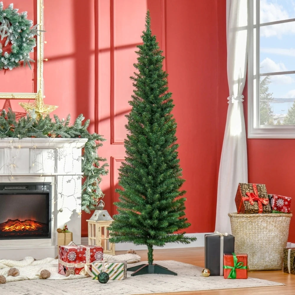 6ft Unlit Artificial Christmas Tree, Pencil Slim Xmas Tree with Solid Stand & Realistic Branches, Green Christmas Tree for Living Room Bedroom Tabletop Decor