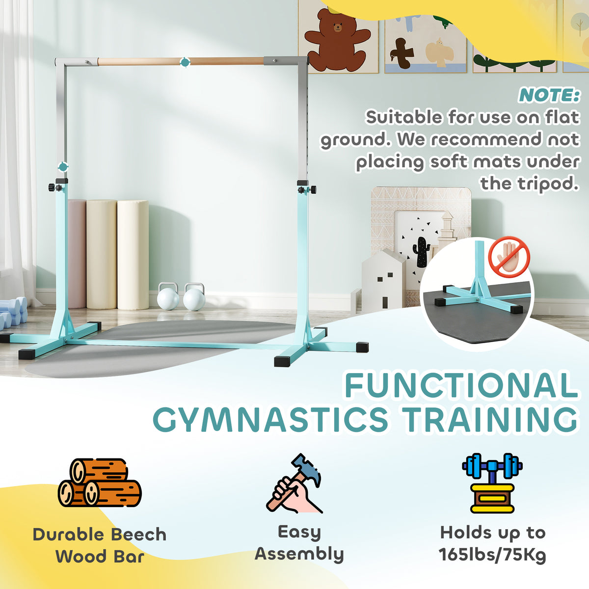 Height Adjustable Kids Gymnastics Bar for Home – Light Blue
