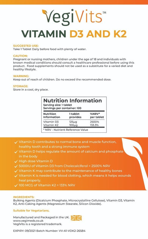 Vitamin D3 5000IU & Vitamin K2 100µg – Vegetarian Tablet (UK)